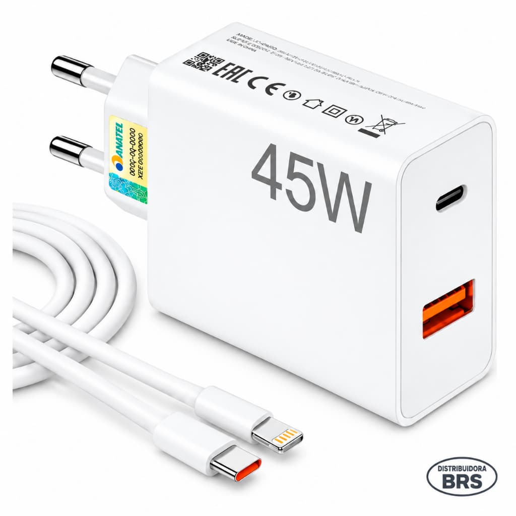 Carregador + Cabo Completo Turbo 45W PD Carga Rápida + Cabo Tipo C ou Lightning Celular iPhone Android Bivolt Power