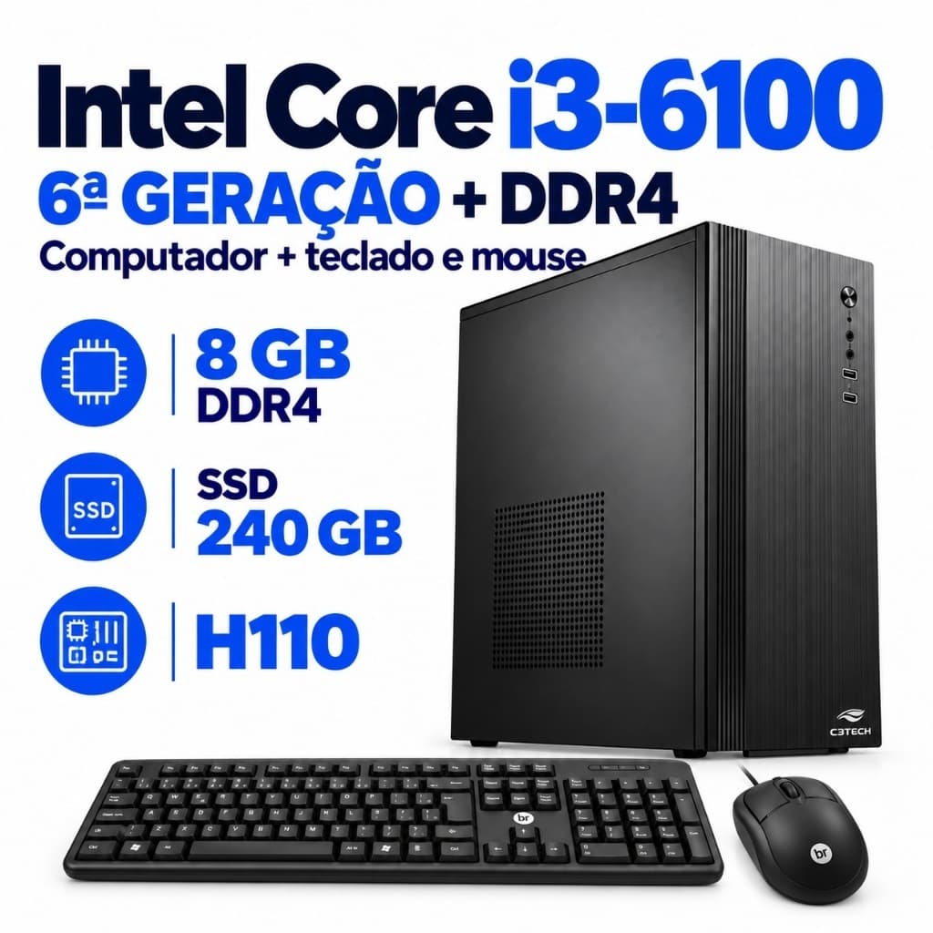 Computador Intel Core i3-6100 6ª Geração 8GB DDR4 SSD 240GB H110 c/ Teclado e Mouse Desktop Windows 11 Trial Home Office