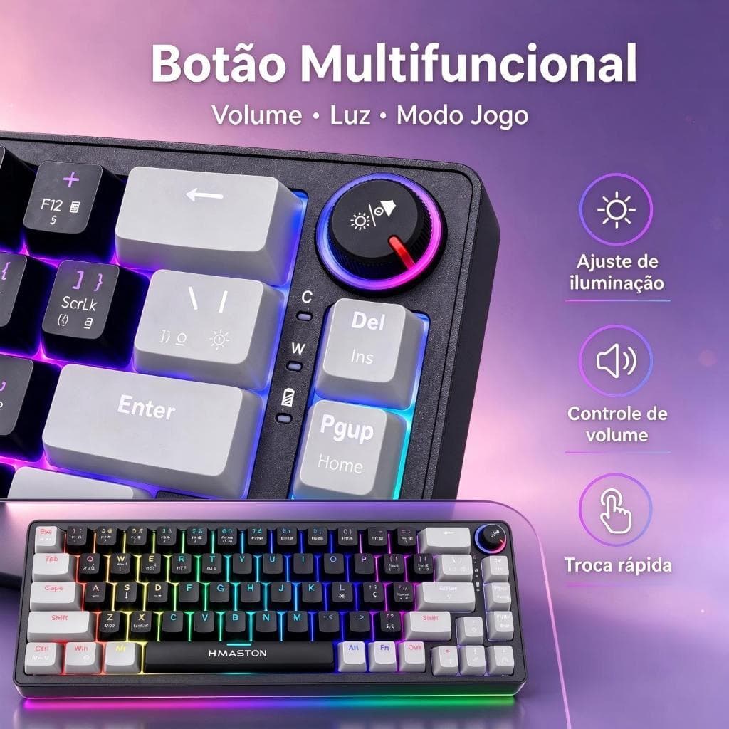 Teclado Mecânico TK08 68 Teclas ABNT2 3 em 1 USB 2.4G Bluetooth RGB Knob Multifuncional Teclado Gamer Compacto