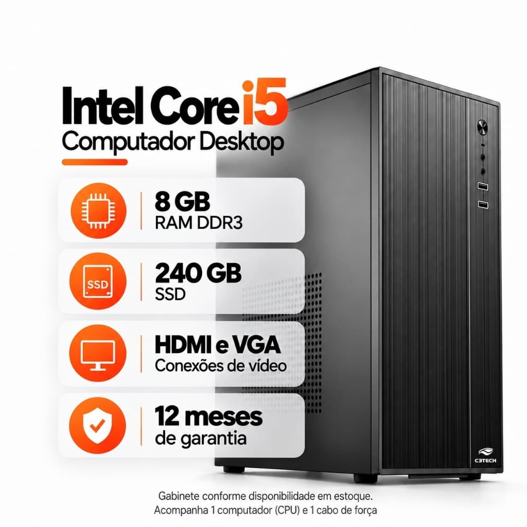 Computador Intel Core i5 8GB DDR3 SSD 240GB Somente CPU Windows 11 Trial Home Office Trabalho Estudos Desktop HDMI VGA