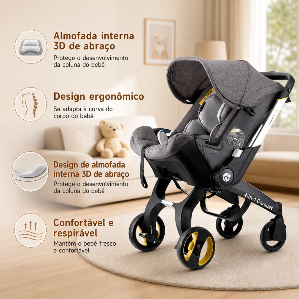 Carrinho de Bebê 4 em 1 com Bebê Conforto, Moisés, Cadeirinha e Carrinho de Passeio, Dobrável e Multifuncional