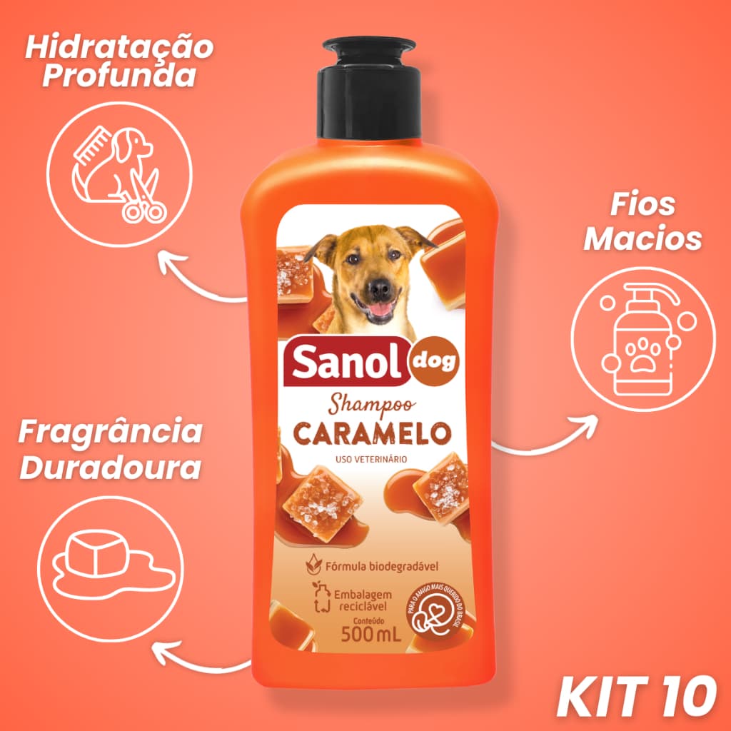 Shampoo para Pet Sanol Dog Caramelo 500ml Kit 10 - Limpeza Suave e Perfume Doce