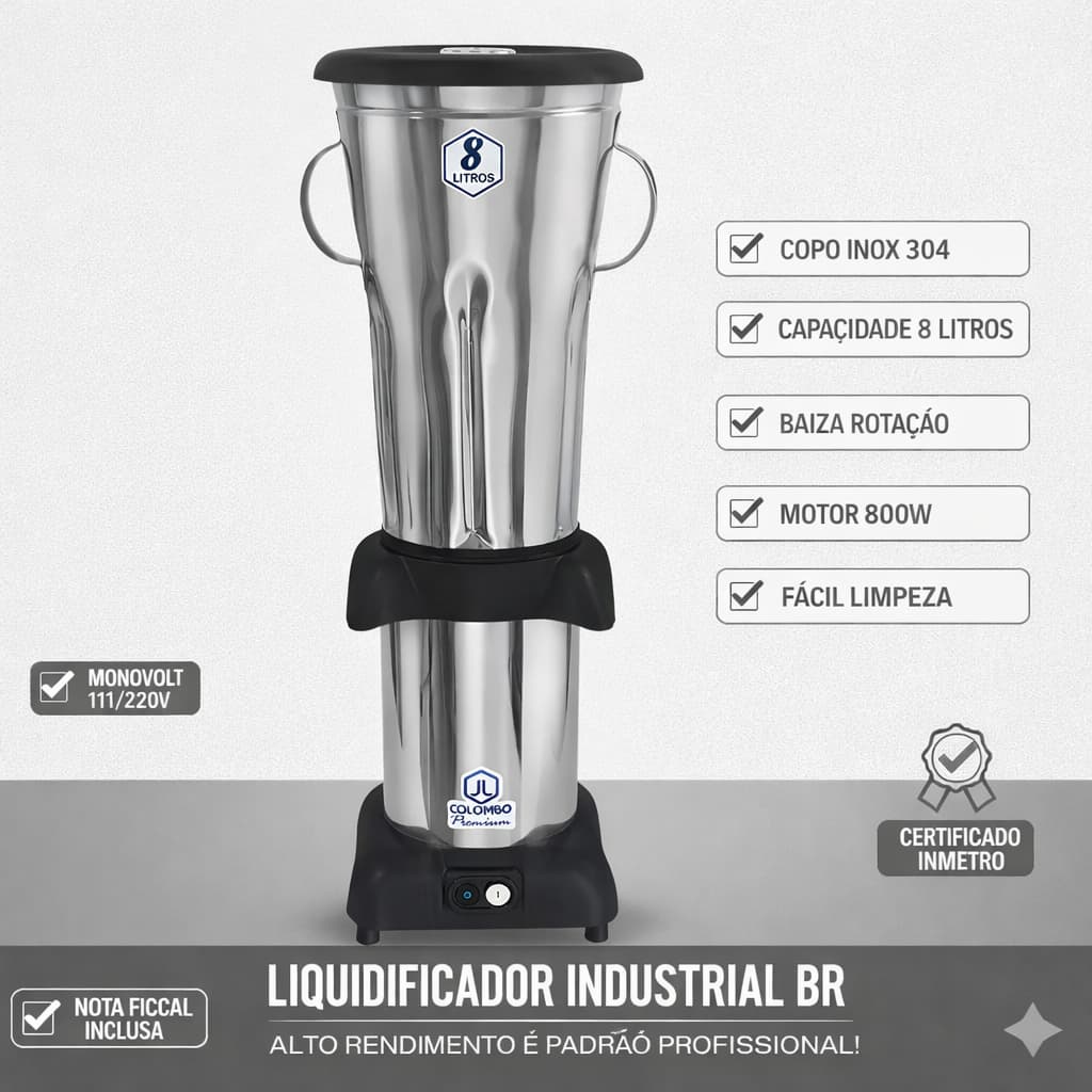 Liquidificador Comercial Inox 8 Litros Baixa Rotação Monovolt 800W Potente