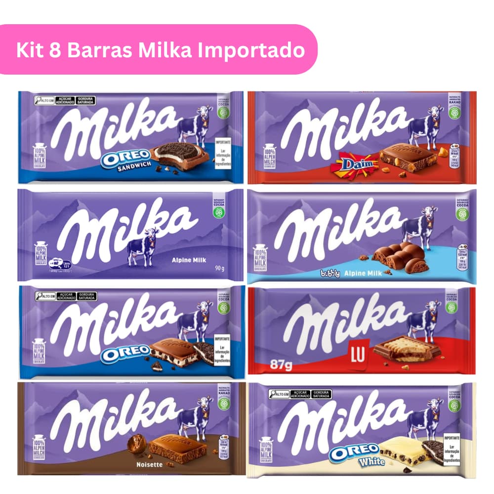 Kit 8 Barras Chocolate Milka 100g Importado (Bubbly, Oreo, Oreo White, Oreo Sandwich, Alpine, Noisette, Daim, Lu)