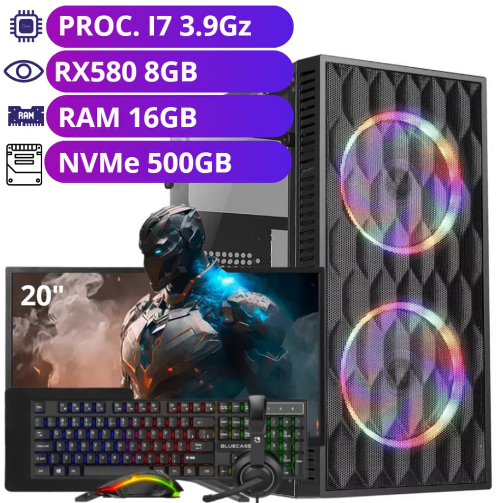 Computador Gamer Intel Core i7 + RX580 8GB + NVMe 500GB + 16GB de RAM + Monitor 20"