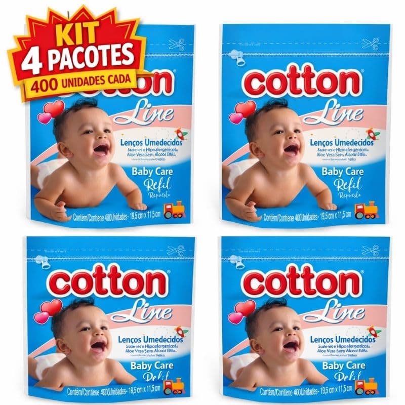 Kit 4 Lenços Umedecidos Cotton Line Baby Care Refil 400 Unidades Cada Total 1600 Lenços