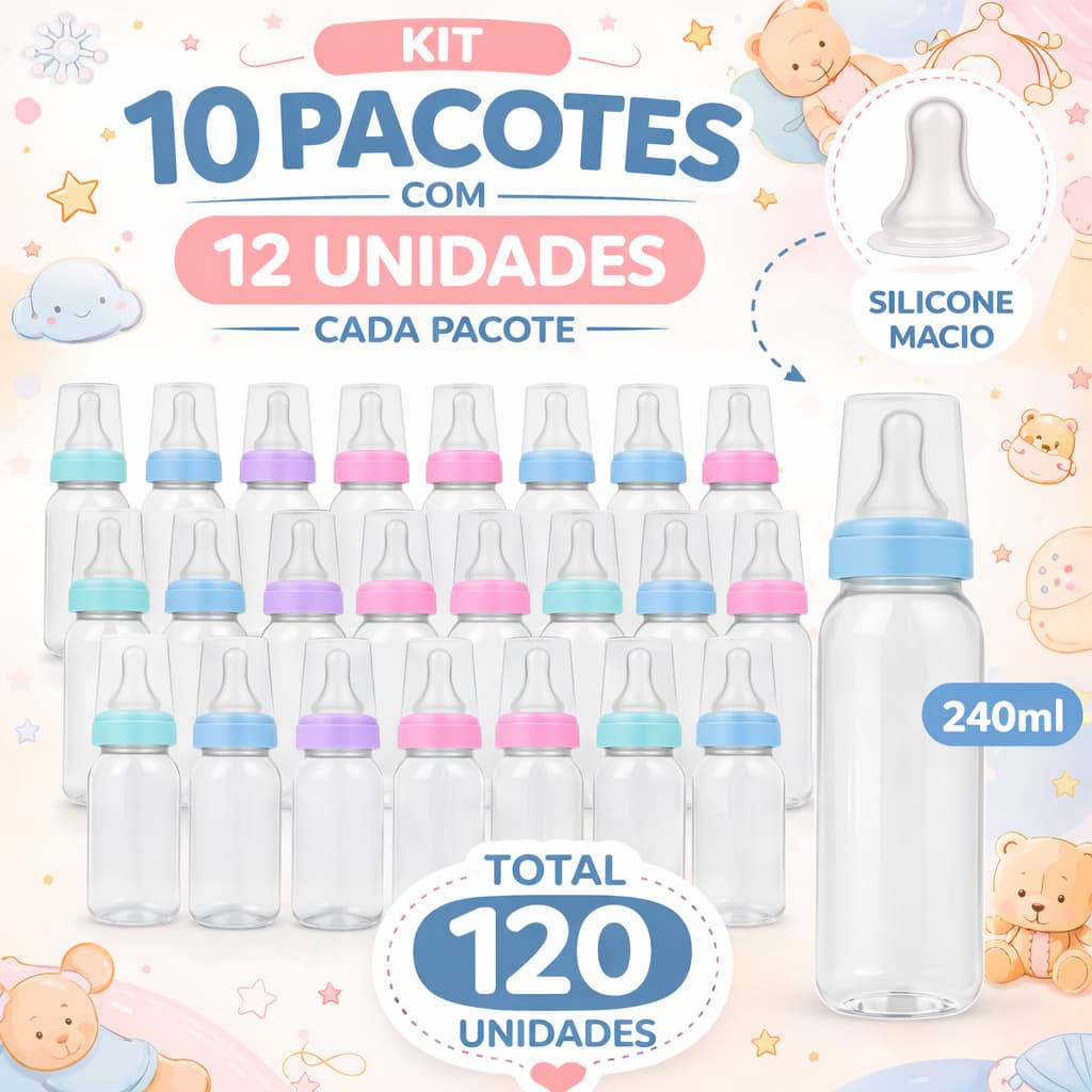 Kit 120 Mamadeiras Mamita 240ml Bico Redondo PVC – 10 Pacotes c/12 Unidades Cores Sortidas Atacado Revenda
