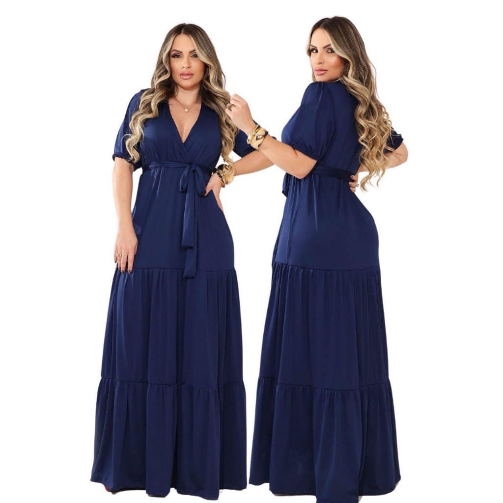 Vestido Longo Feminino Manga Curta Malha Confortável Elegante Casual com Faixa na Cintura Três Marias Moda Feminina