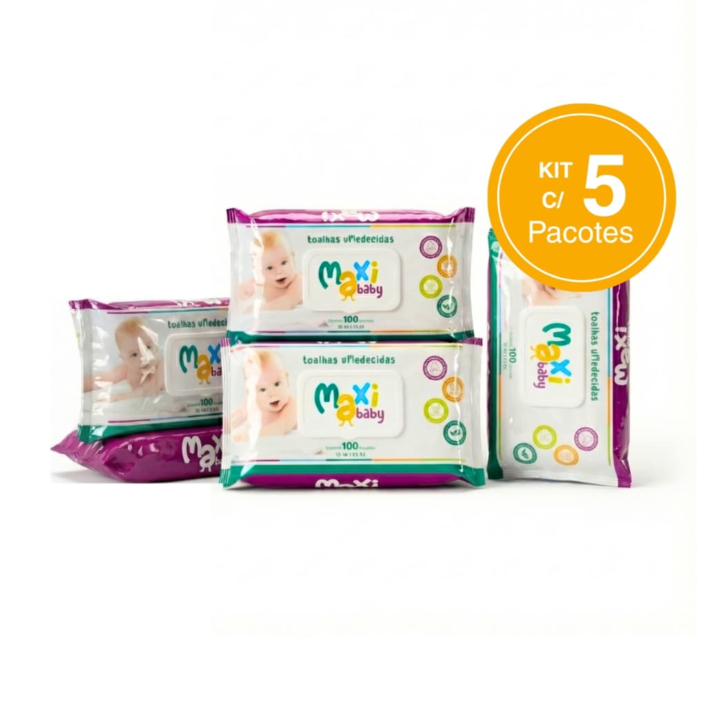 Kit com 5 Toalhas lenços Umedecidos Hipoalergênico 100un Cada Maxi Baby