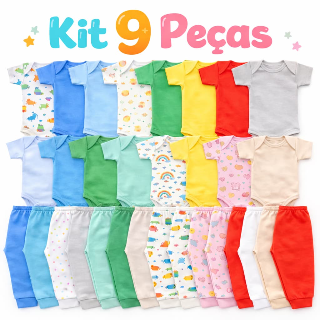Kit 9 Peças Enxoval Bebê - Body e Calça Mijão 100% Algodão - Menino/Menina e Unissex - Roupa Recém Nascido Maternidade