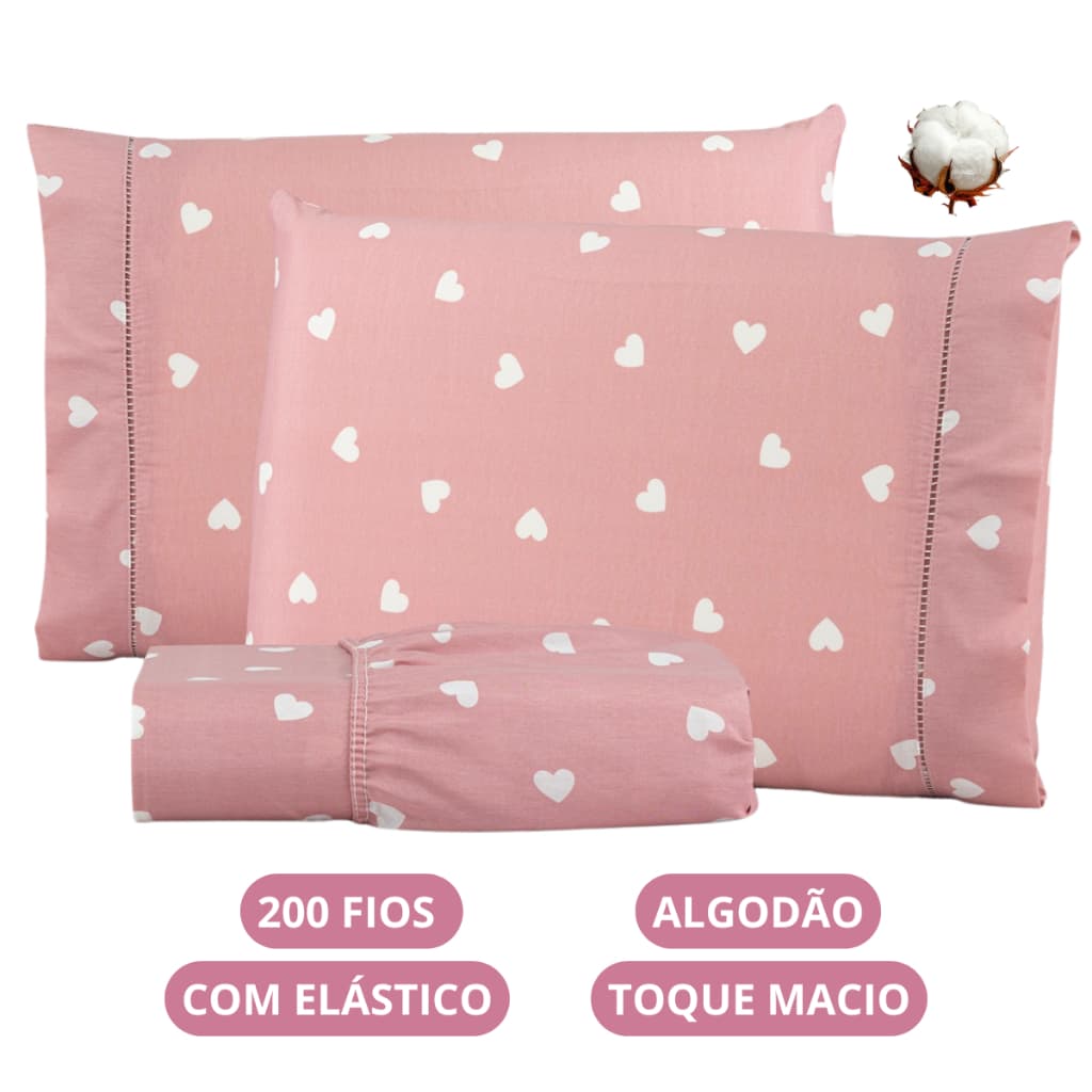 Jogo de Lençol Corações Algodão 200 Fios Solteiro Casal Queen King Toque Macio C/ Elástico