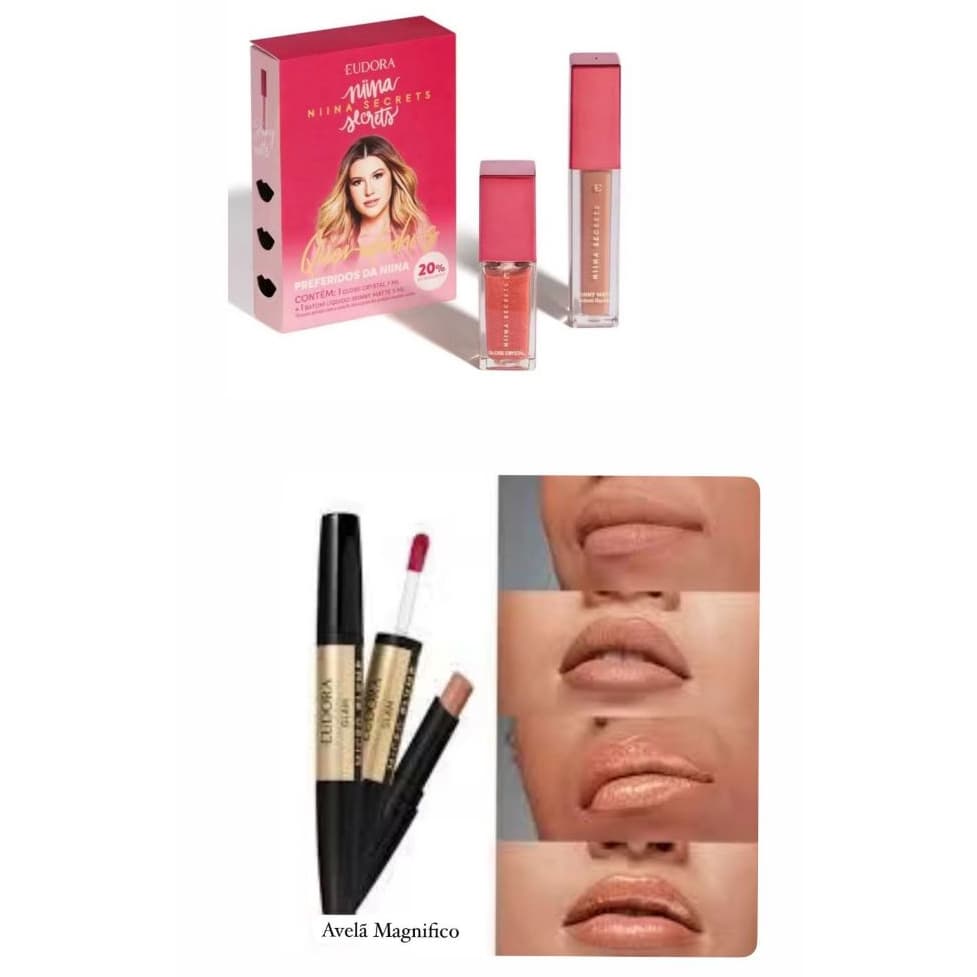 Eudora Kit Queridinhos da Niina: Batom Líquido Matte 5ml + Gloss Crystal 7ml + Batom Micro Plump