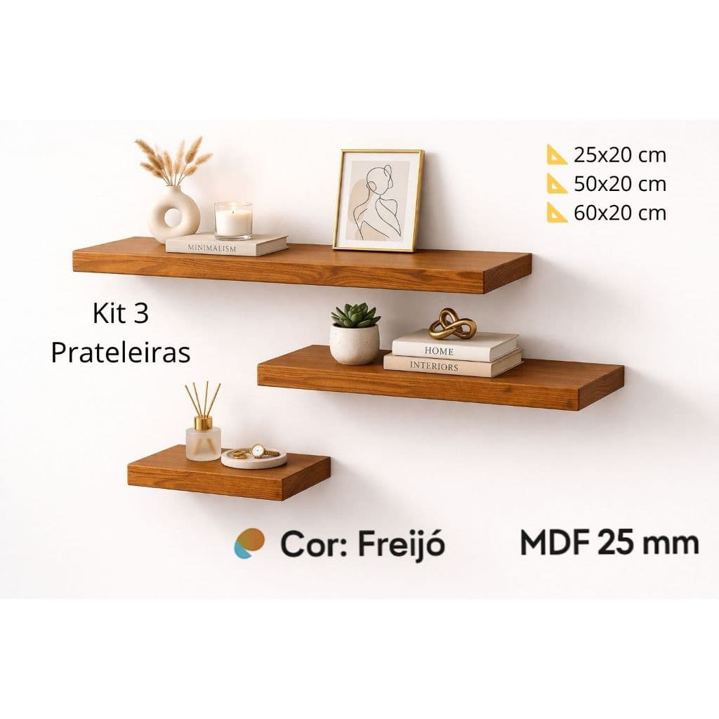 Kit 3 Prateleiras de Parede MDF Freijó 25mm – 60x20, 50x20 e 25x20 cm – Com Suporte Invisível