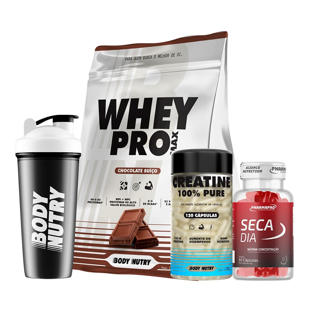 KIt Whey Pro, 900g + Creatina 120c Pura + Termogenico Seca Dia, 60 cáps (pré treino) + Coqueteleira