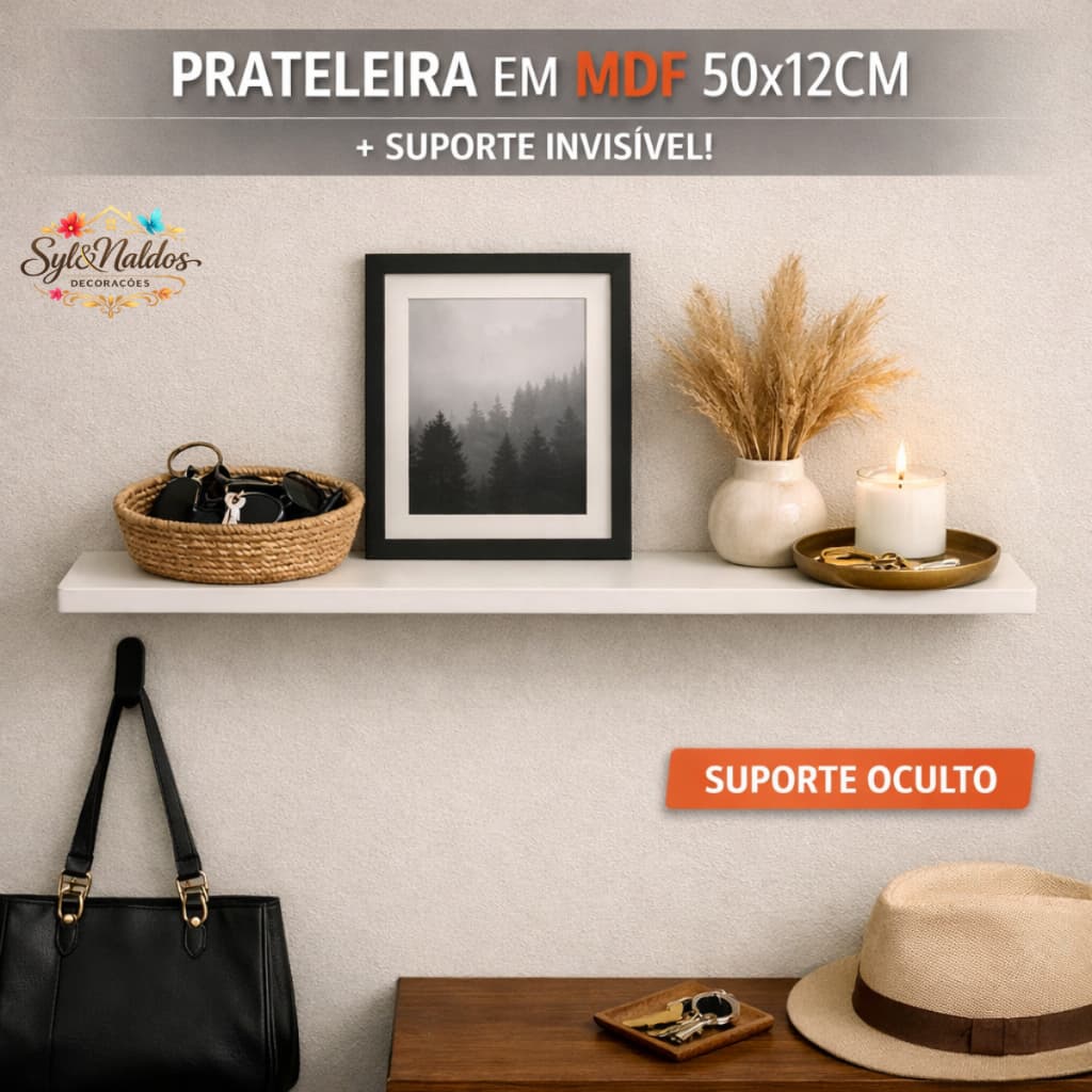 Prateleira MDF 50x12cm com Suporte Invisível – Flutuante Parede Sala Quarto Cozinha Decoração