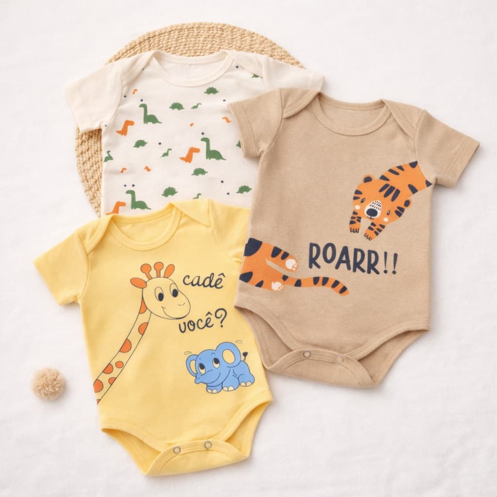 Kit 3 Body Bebê Menino Manga Curta Algodão Estampado Confortável Enxoval Recém Nascido