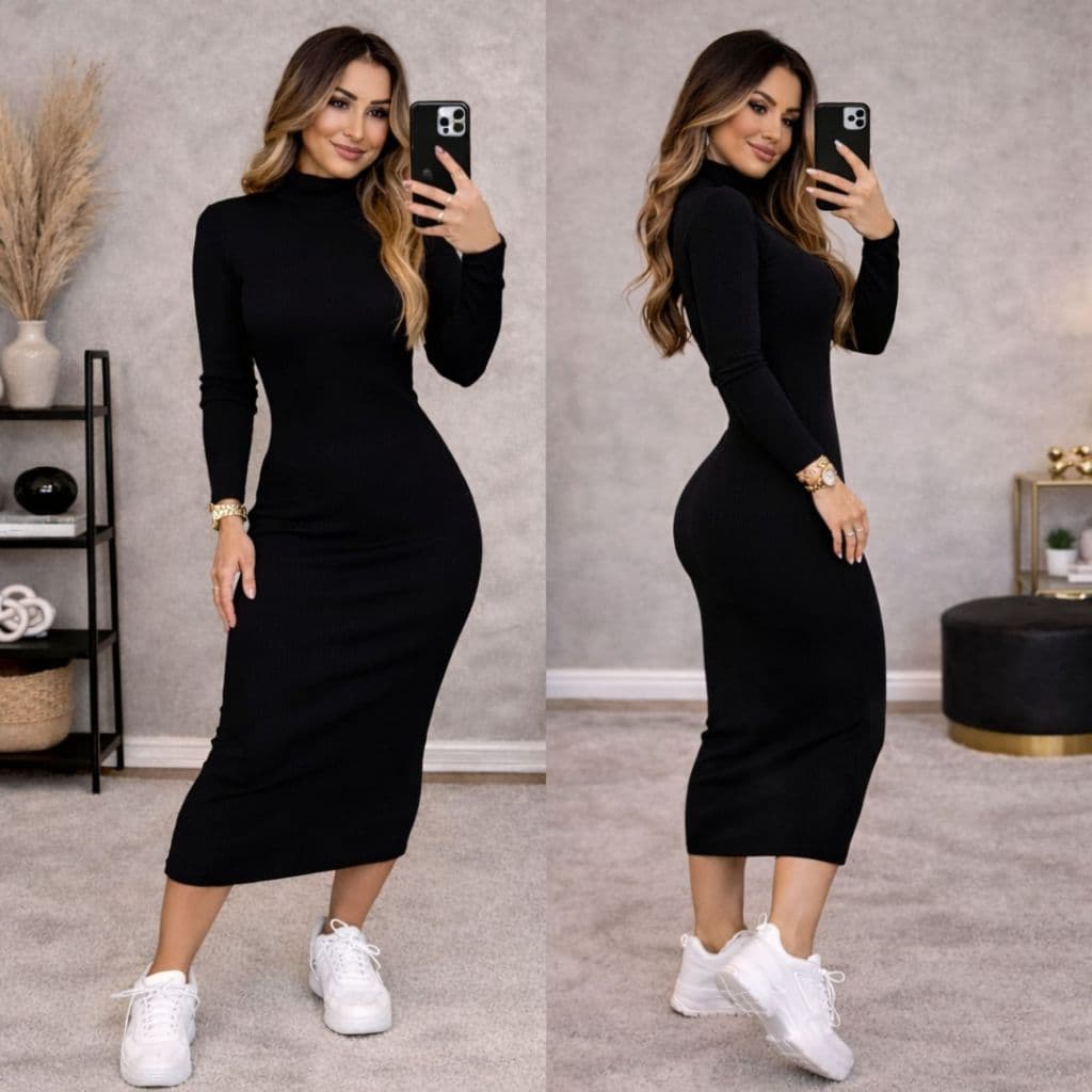 Vestido Feminino Midi Manga Longo Canelado  Elegância e Conforto e Estilo Frio Inverno Moda Gringa