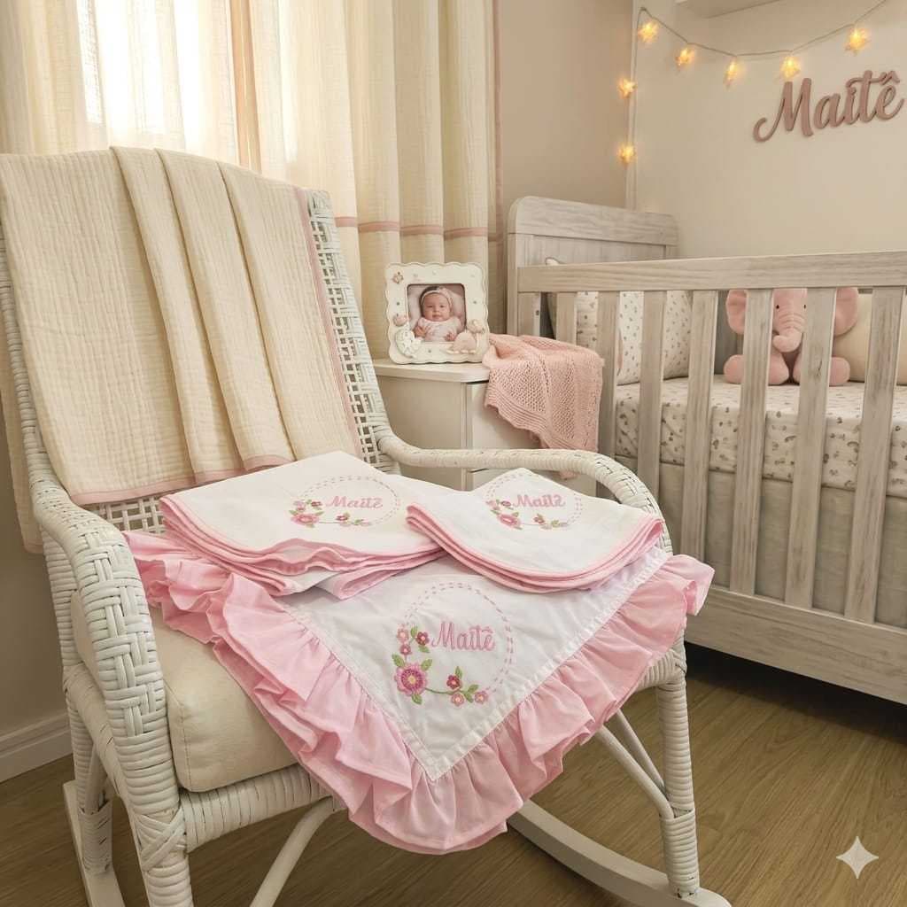 Kit Enxoval Bebê 3 Peças Personalizado com Nome em Algodão Premium 1 Manta + 1 Cueiro e 1 Fralda