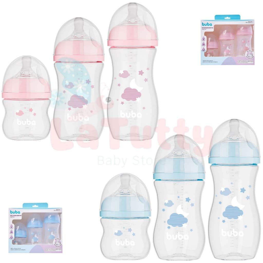 Kit 3 Mamadeiras Buba Anticólica Easy Flow 120ml 270ml 330ml Mamadeira Buba Bebe Menina Menino Azul