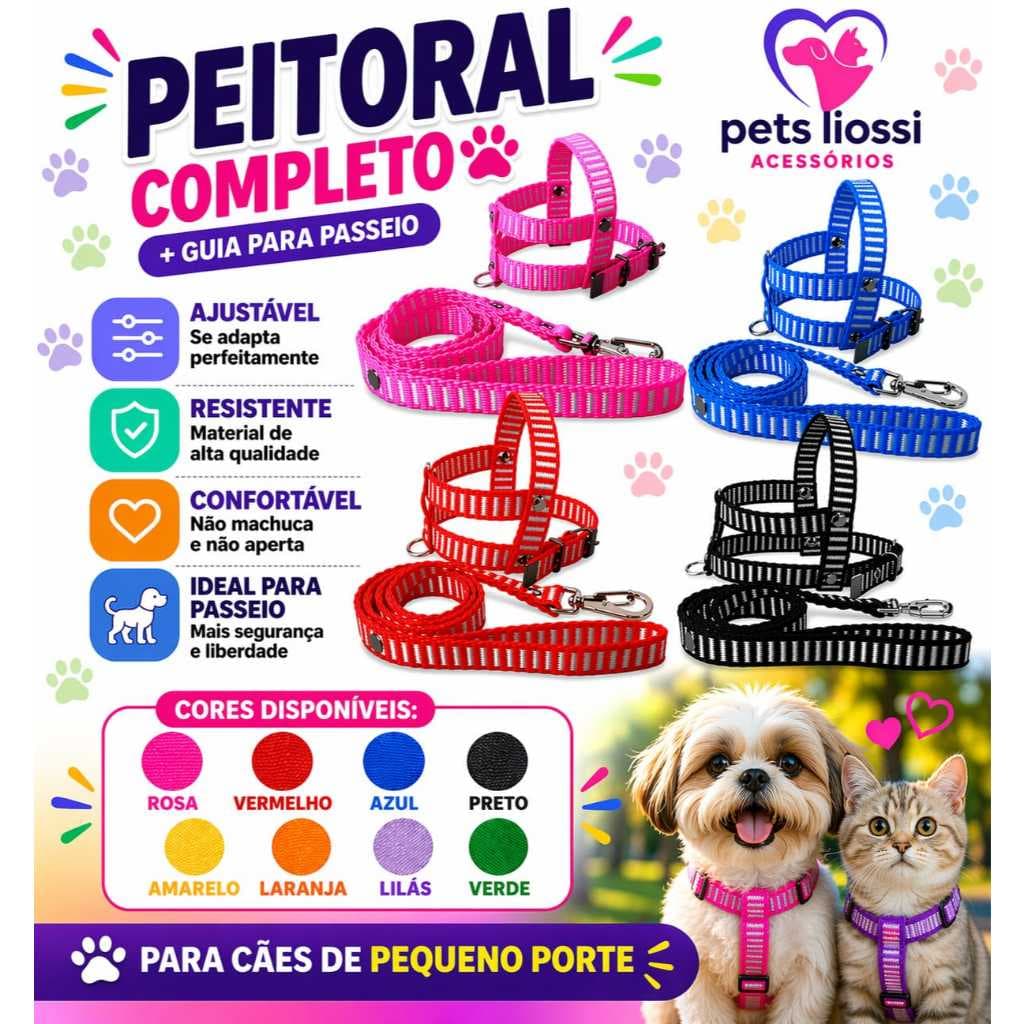 COLEIRA PEITORAL + GUIA CÃES PORTE PEQUENO E GATOS CACHORRO PEQUENO DIRETO DE FABRICA