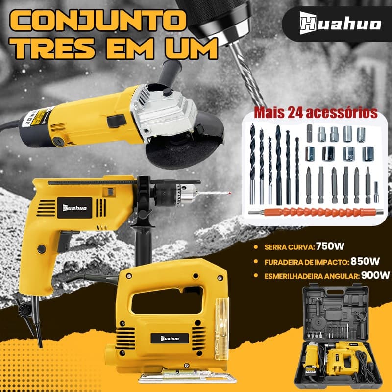 Kit De Ferramentas 3 Em 1 Furadeira de impacto/Lixadeira Esmerilhadeira/Serra Tico Tico + Acessórios