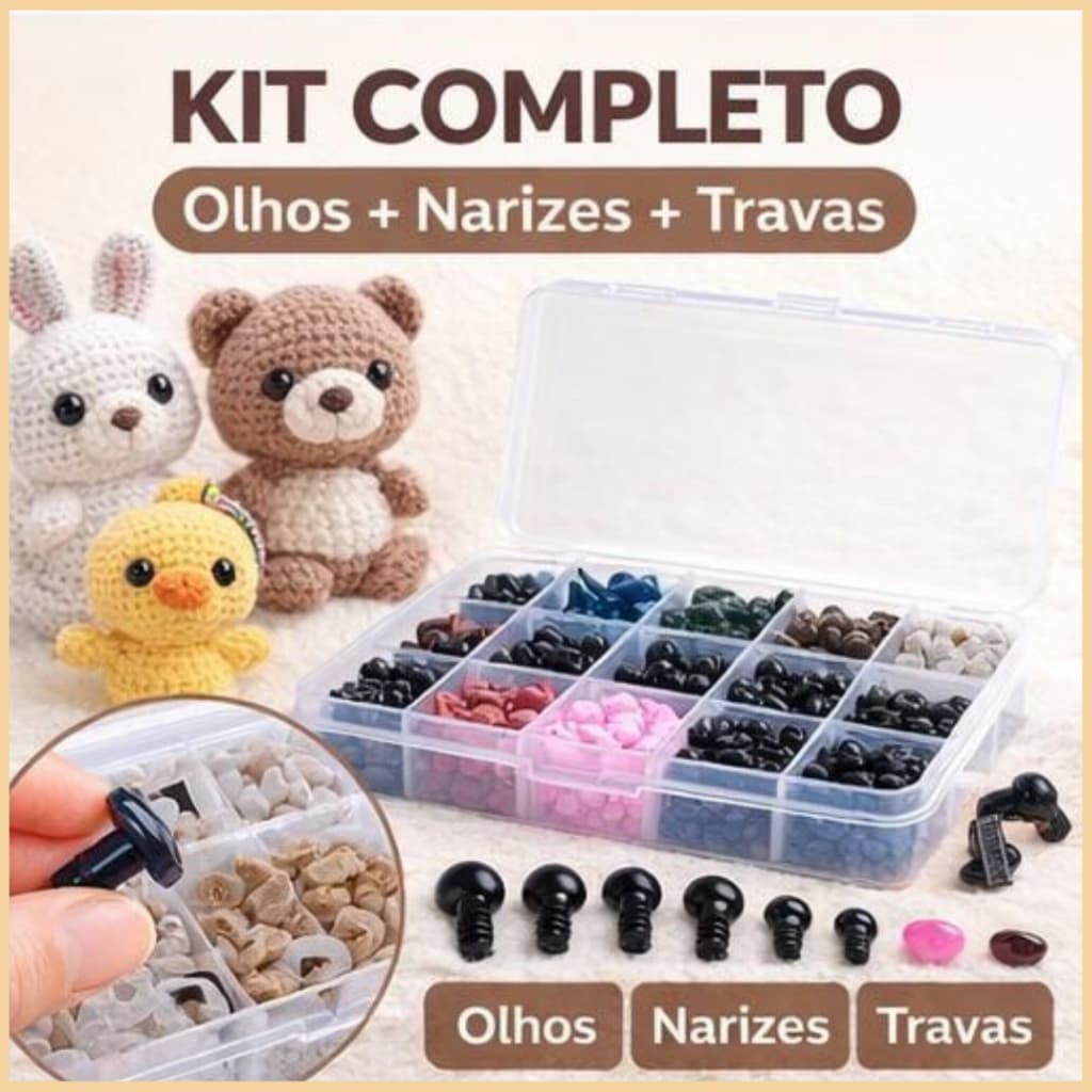  Kit Olhos com Trava para Amigurumi e Pelúcia + Nariz Diversos Tamanhos e Cores Artesanato Crochê Boneca