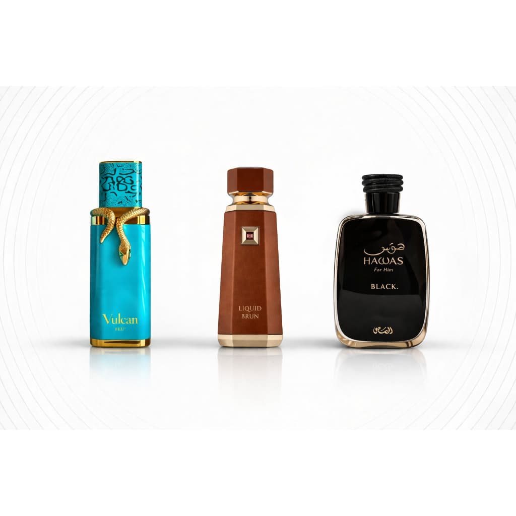 Kit 3 Perfumes Masculinos Importados Intenso Doce Amadeirado Hawas Black, Vulcan Feu, Liquid Brun