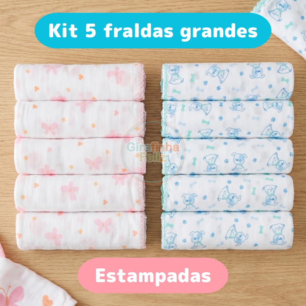 Kit 5 Fraldas de Pano Para Bebê Estampadas 70x70cm Tecido Duplo 100% Algodão Enxoval Menino Menina