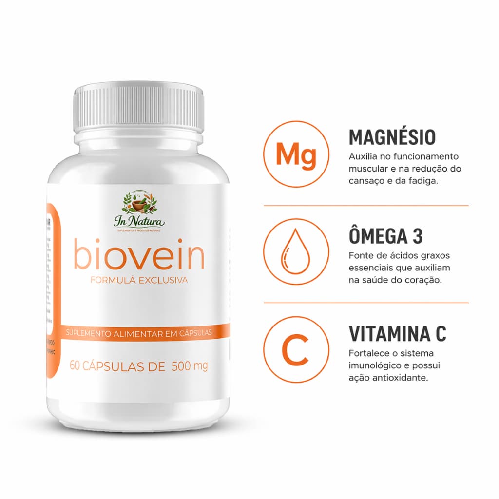 Biovein - 60 Cápsulas por Pote | Ômega3 Magnésio Vitamina C - Fórmula Avançada.