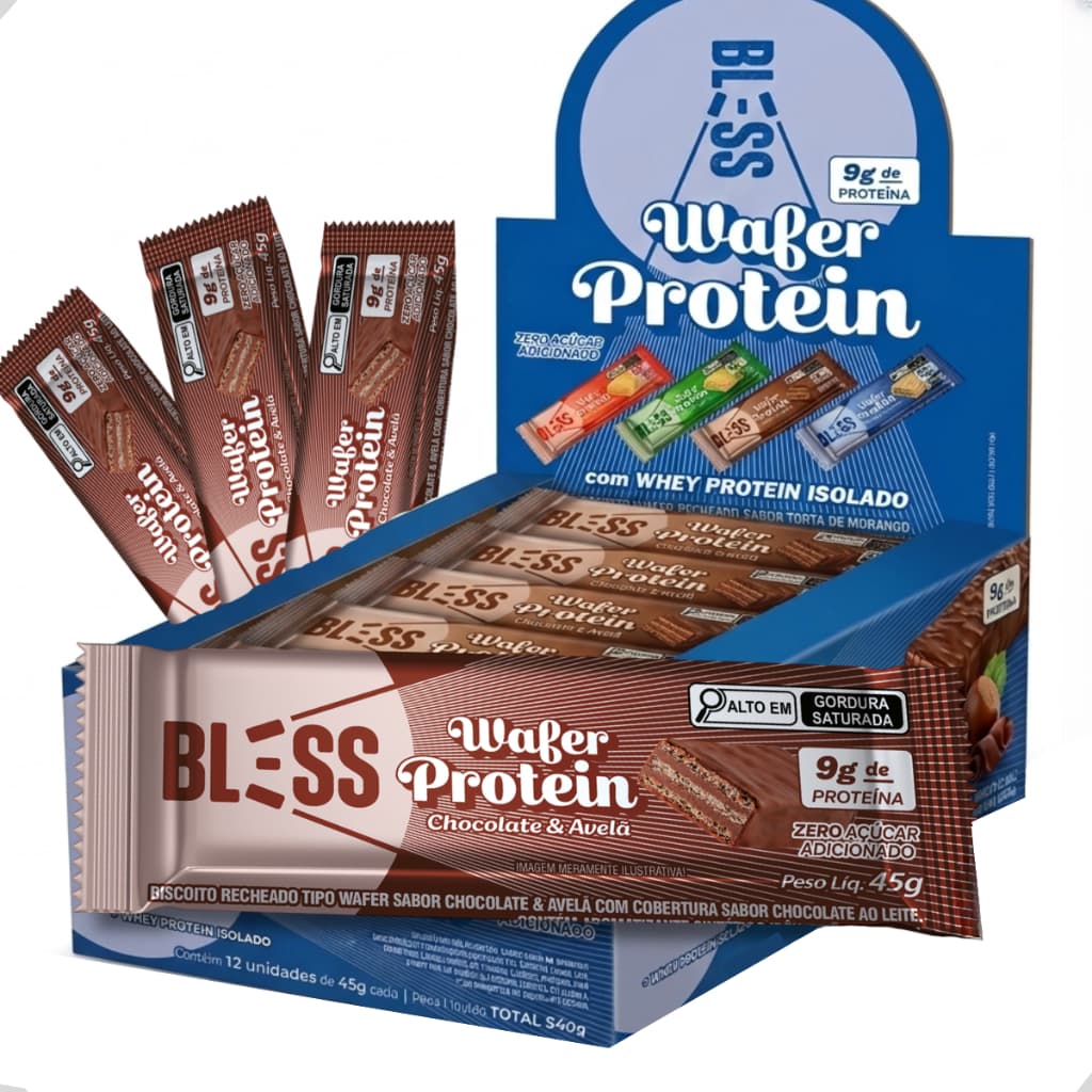 Barra de Proteína Wafer Protein Chocolate e Avelã Bless Bar Whey Protein isolado 12 Unidades 45g