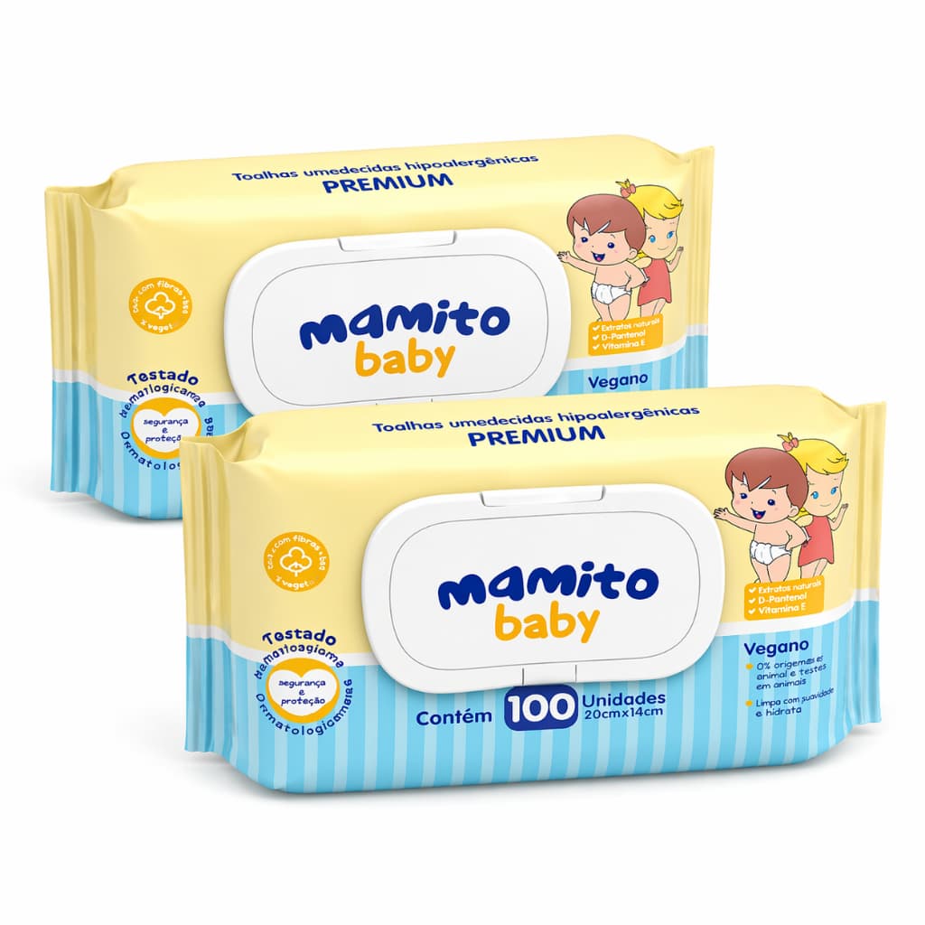 Kit 2 Toalhas Umedecidas Mamito Baby Premium 100 Folhas com Tampa Lenço Umedecido