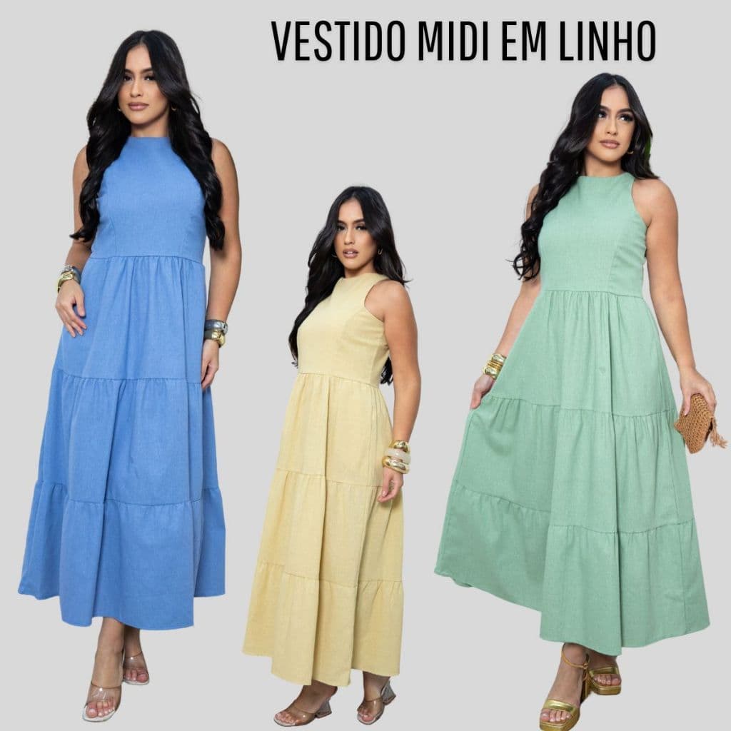 Vestido Midi Linho Feminino Elegante Casual Alfaiataria Bolsos Laterais Atemporal