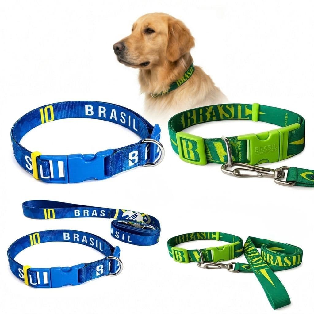Coleira com Guia Brasil para Cachorro Ajustável Nylon Copa Médio e Grande Porte