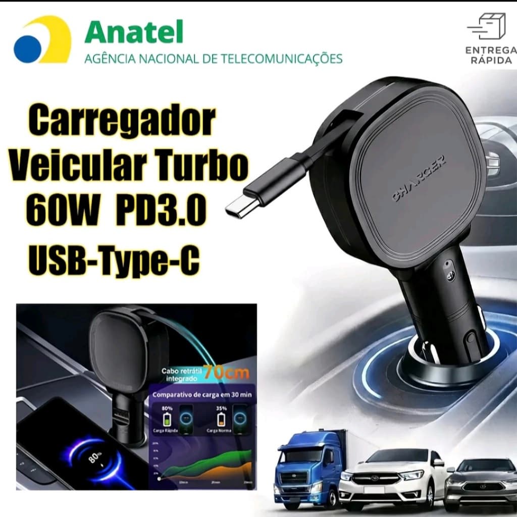 Carregador Veicular Rápido 60W - Duas Portas com Cabo Retrátil 70cm Porta suporta Tipo-C