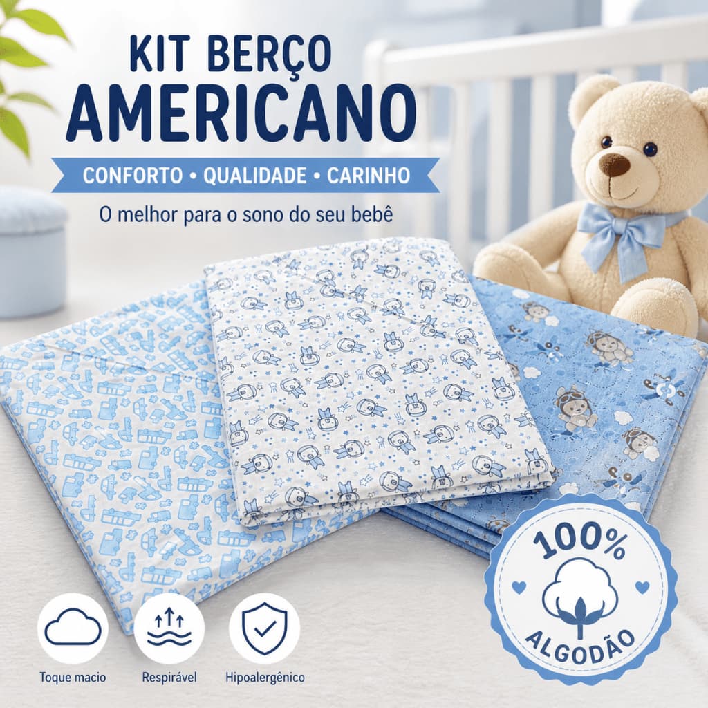 Kit 3un Jogo de Berço Americano 2 peças 100% Algodão Macio Virol + Fronha Bebê Enxoval Recém-Nascido