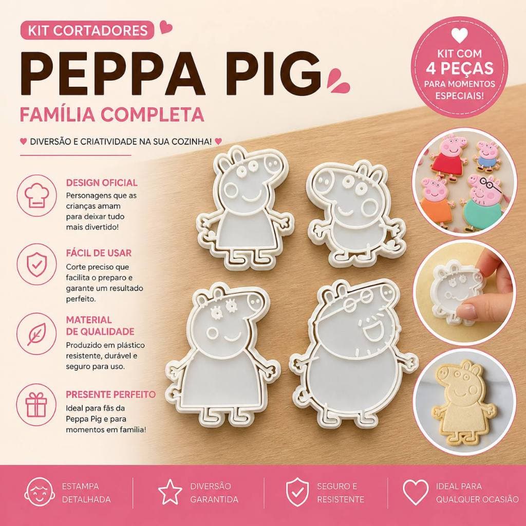 Kit com 4 Cortadores Marcadores de Biscoitos/Massinha de Modelar - Peppa Pig