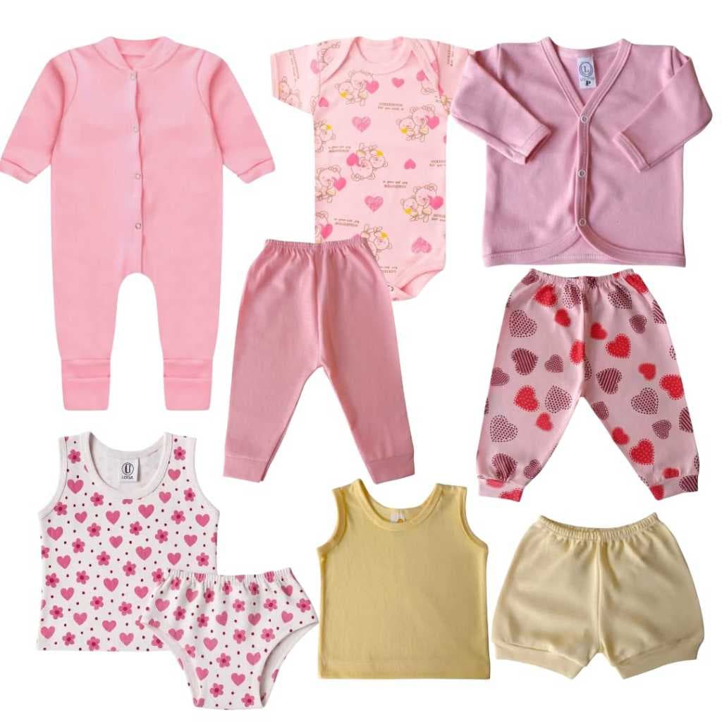kit 9 peças -  Enxoval Para Bebê Macacão Body  2 Calças Casaco Regatas Taopa Fralda Short