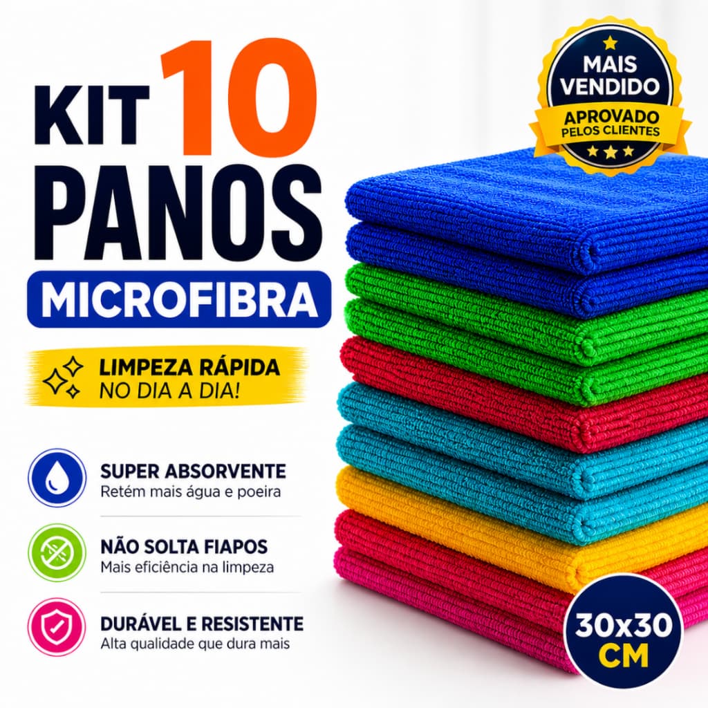 Kit Panos Microfibra 3, 6 ou 10 Unidades 30x30cm Não Risca Super Absorvente Limpeza Vidro Carro Cozinha Camesa