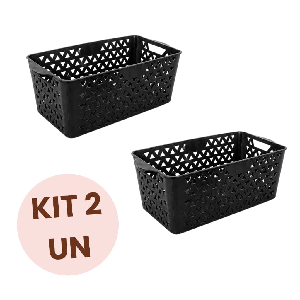 Kit 2 Cestos Organizadores Cor Preta Plástico Retangular Multiuso Banheiro Cozinha Lavanderia