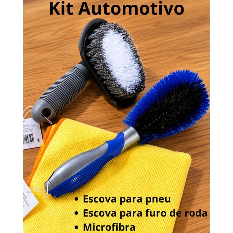 Kit Limpeza de carros automotiva completo multiuso 3 peças-microfibra + escova de roda + escova furo