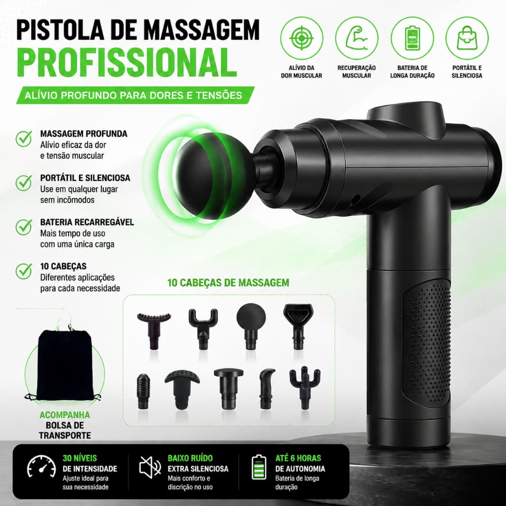 Pistola Massageadora Profissional, Pistola De Massagem Silenciosa, Massageador Relaxamento Muscular, 127/220 V, Preto