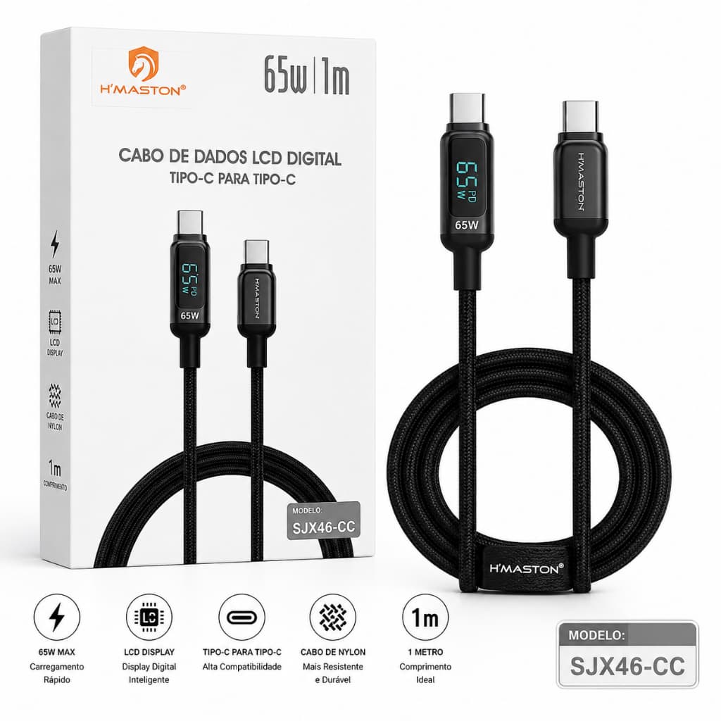 Cabo Tipo c Tipo c PD 65W Com Visor LED Cabo de Dados Carregamento Rápido Hmaston SJX46-CC
