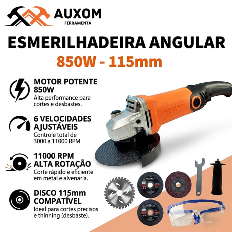 Angle Grinder 850W 115mm Profissional 6 Velocidades Kit Completo 220V Multiuso Corte Polimento Lixamento