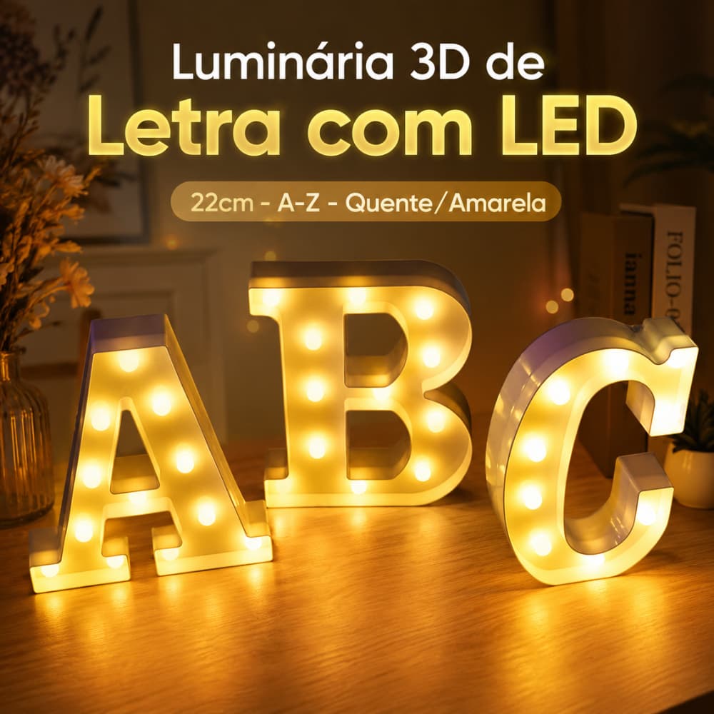 Luminária De Letra Grande Com Led 22CM 3D Decorativa Luminosa Festa A-Z Luz Quente Amarela