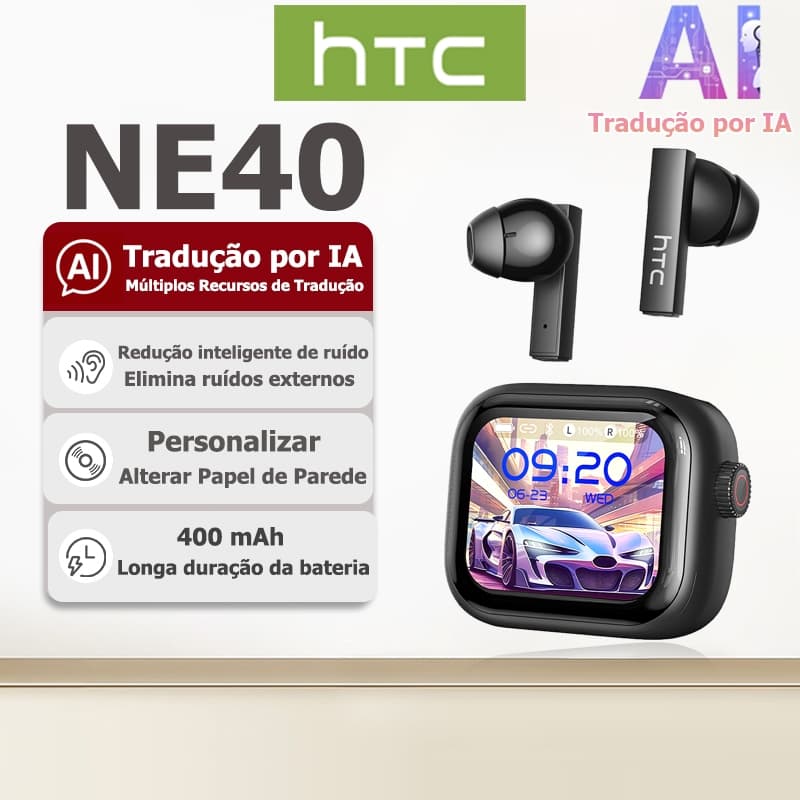 Fone de Ouvido TWS HTC NE40 com Tradução em Tempo Real por IA, Bluetooth 6.0, Áudio HiFi, Resistência à Água IPX5, Fone
