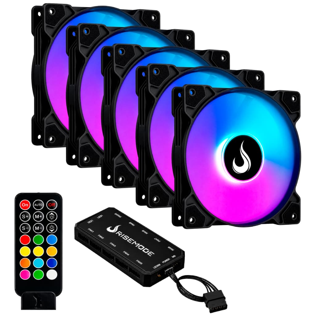 Kit 5 Fans Cooler Ventoinhas Pc Gamer Rise Mode Z Black Argb C/ Controladora Hub Preto