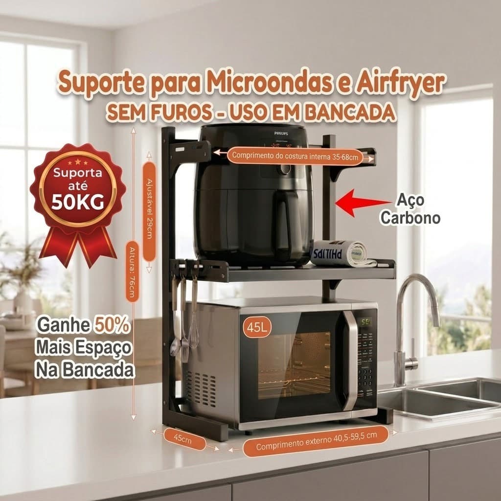 Suporte de Microondas de Parede SEM FUROS Organizador Cozinha Aço Extensível Prateleira para Airfryer Bancada Reforçado