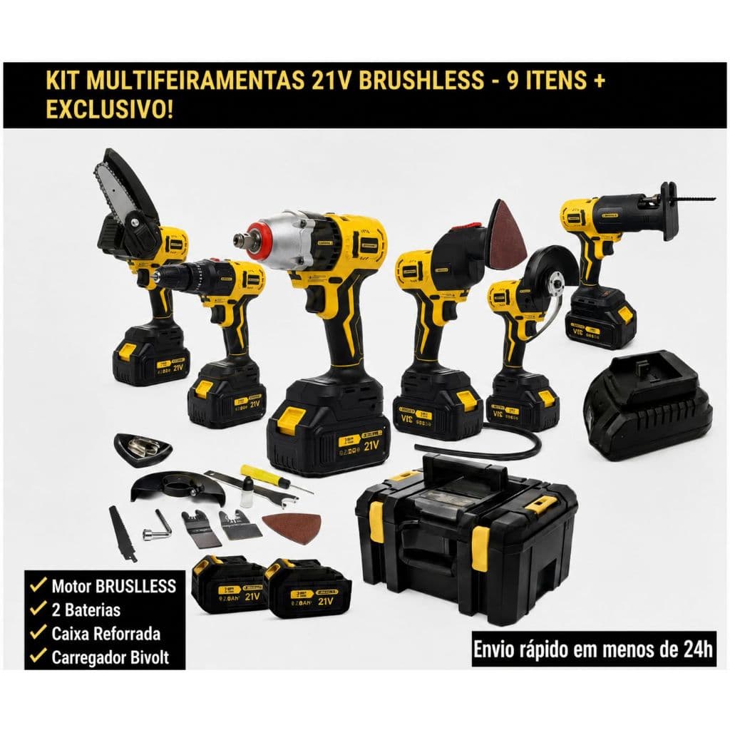Kit Ferramentas 21V Completo 9 em 1 com Maleta + 2 Baterias + Chave de Impacto 21V