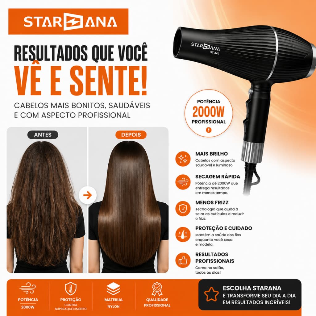Secador de Cabelo Profissional STARANA ST-840 2000W | 127V / 227V | Alta Potência Varias Funções