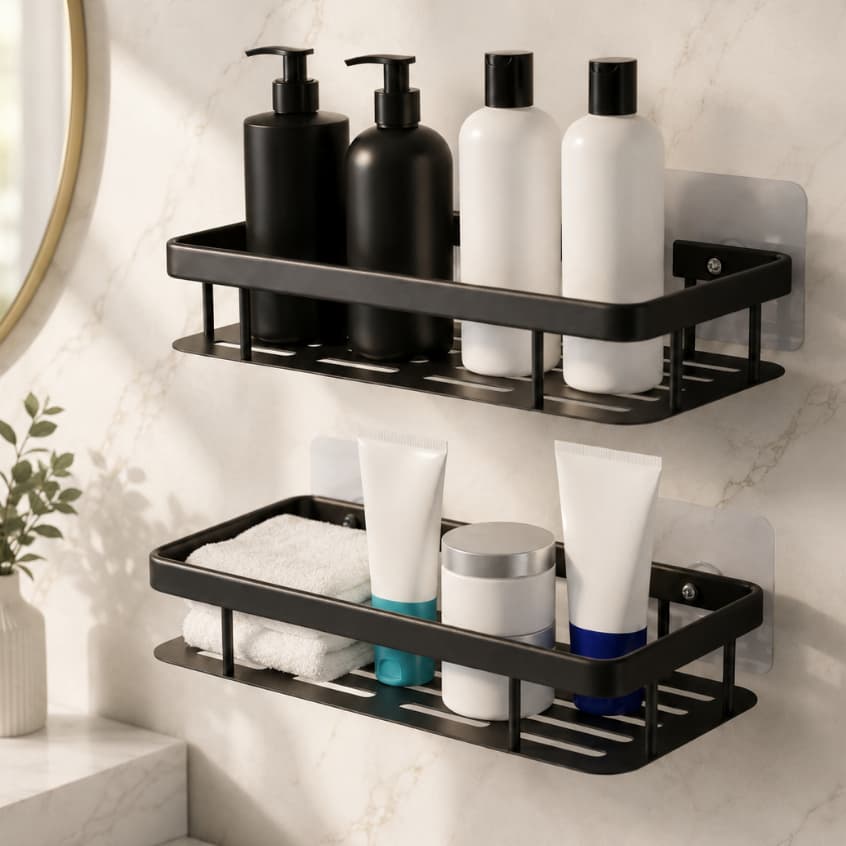Kit  Suporte Prateleira Banheiro Adesivo Parede Preto Organizador Porta Shampoo Aço Inoxidável